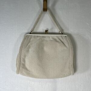 Vintage Lumured Petite-Bead Beaded Evening Bag Ivory Purse Kiss Lock Charity